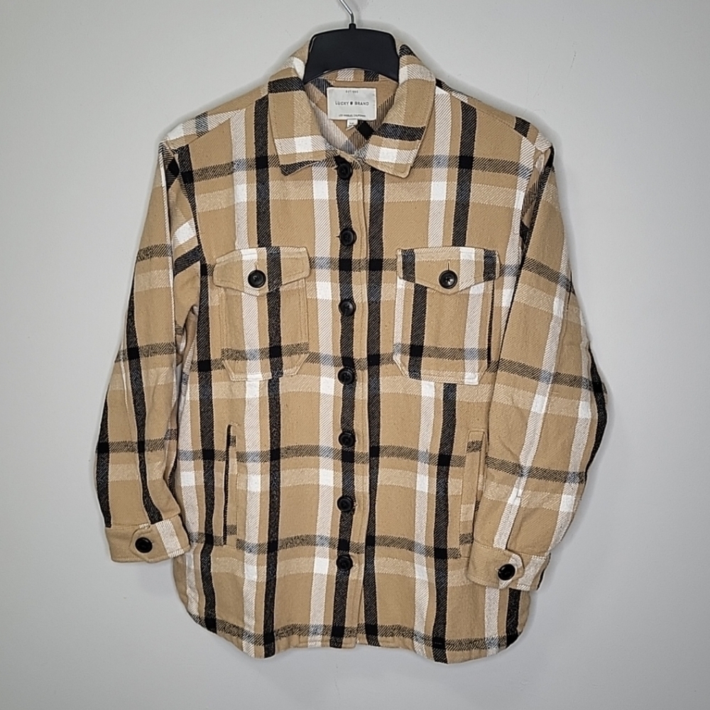 Lucky Brand Women's Jacket Size S Tan Plaid Shacket Flannel 100% Cotton